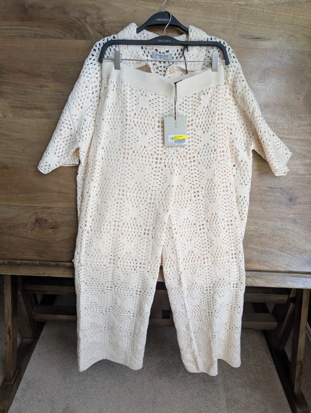 Allsaints Milly Open Knit 2-Piece Pajama Set Womens XS Ecru White Short Sleeve